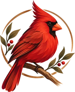A red cardinal perched on a branch with holly leaves